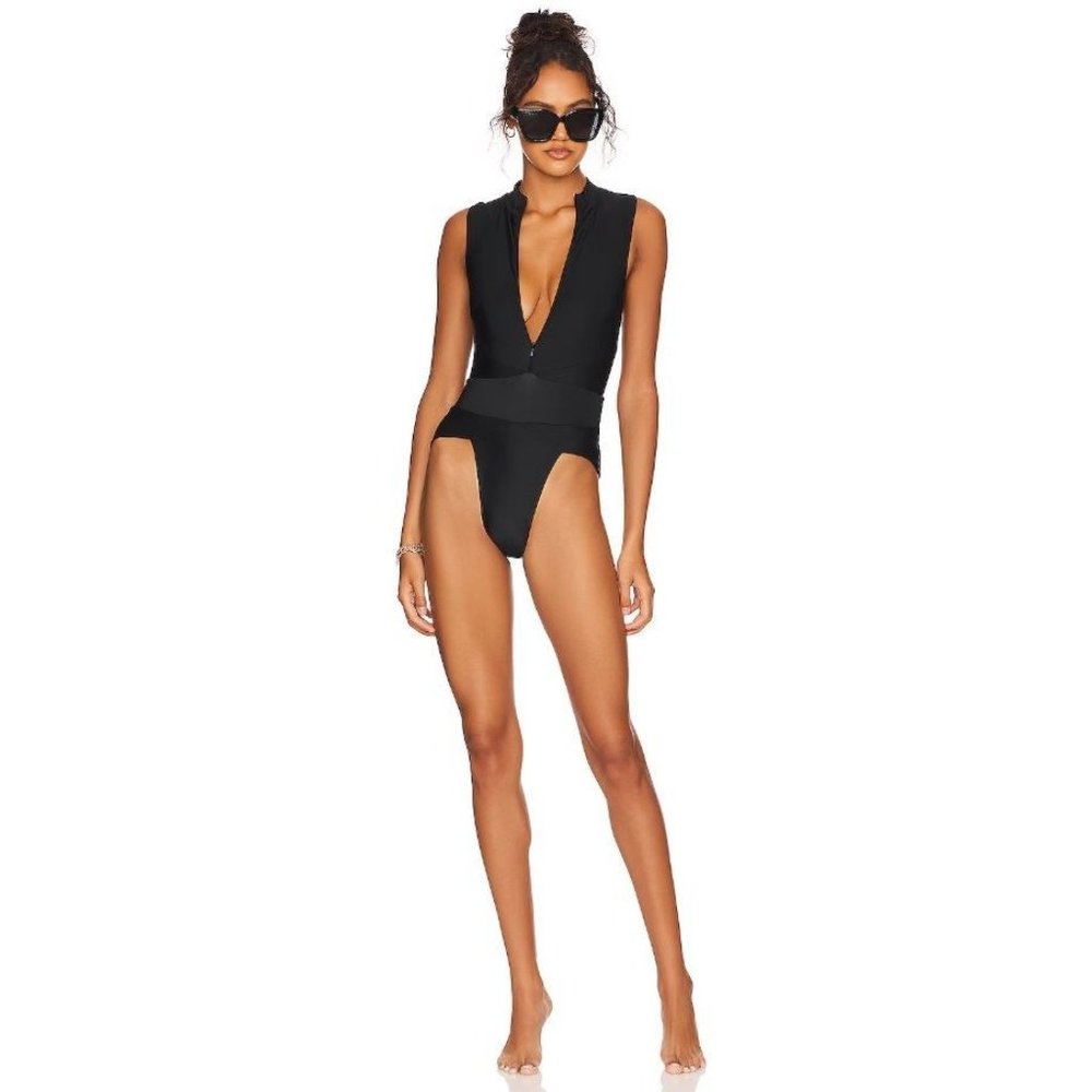 Women's Black Deep V One-Piece Swimsuit